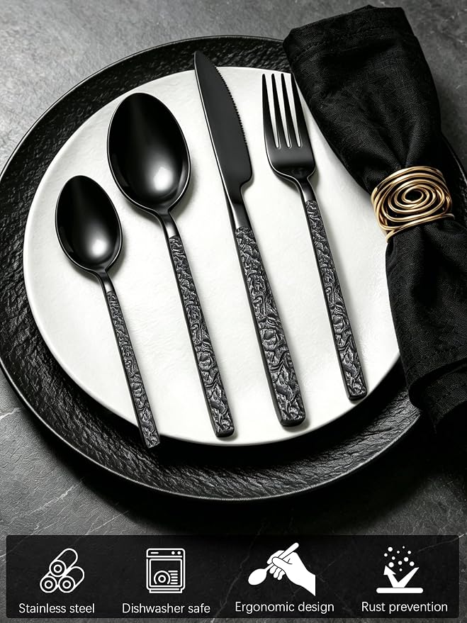 Black Silverware Set for 8 Modern Square Flatware Set Stainless Steel 32 Piece - Image 3