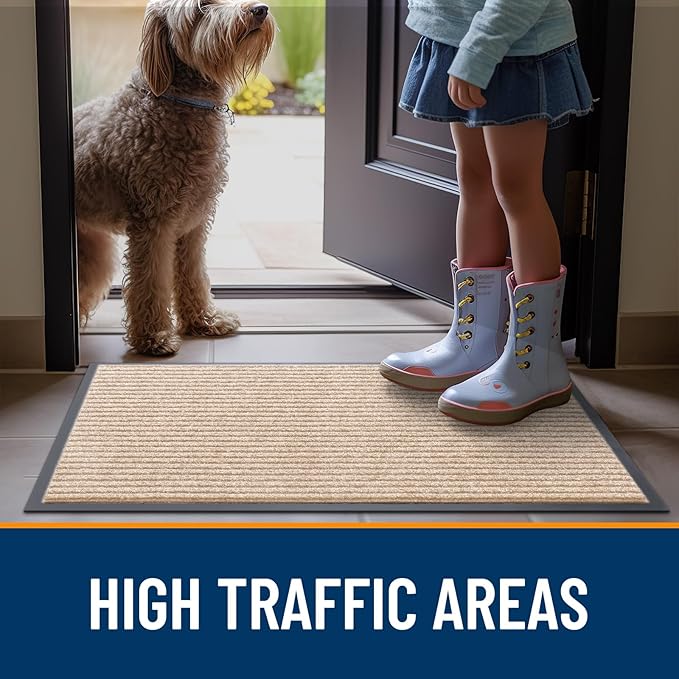 OLANLY Front Door Mat Indoor Outdoor Entrance, Waterproof Heavy Duty Doormat, Fade Resistant, Low Profile, Easy Clean Patio Porch Welcome Floor Mats for Entry, 59x35, Beige