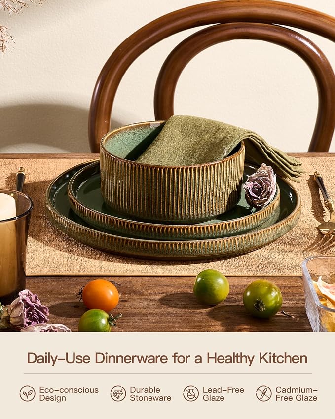 Dinnerware Set for 6, Ceramic Ribbed Plates, Dishes | 18-Piece Stoneware Dinner - Image 5