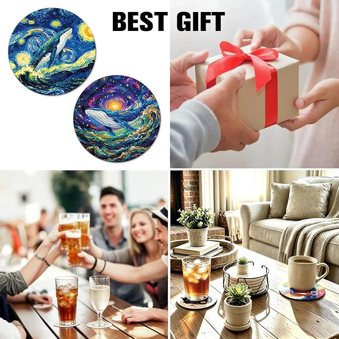Starry Night Style Whale Funny Round Magnetic Coaster Set of 2 Doubles as - Image 6