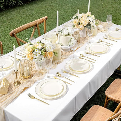 bUCLA 200PCS Ivory Plastic Plates with Gold Rim - Heavy Duty Cream Disposable Include 100 Dinner 10 inch & 100 Dessert 7 inch Plates, Ideal for Party & Wedding