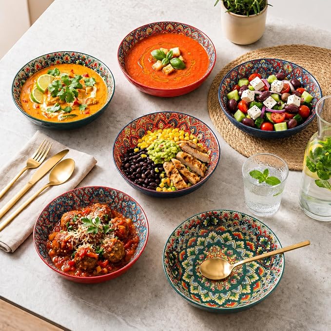 32 oz Pasta Bowls Set of 6, Large Ceramic Colorful Deep Plates, Bohemian Style - Image 2