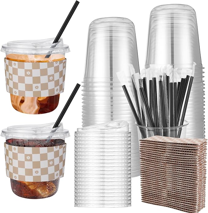 50 Sets 12 Oz Clear Plastic Coffee Cups by Ovveroche