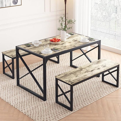 VECELO Kitchen Dining Table Sets for 6, 55" Wood Dinette 2 Benches with Metal Frame for Dinner Breakfast Nook and Small Space, Grey