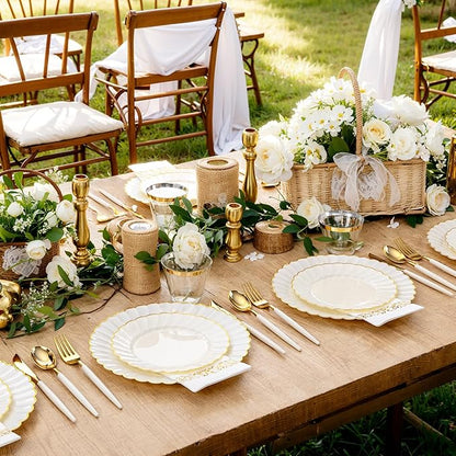 Ciaell 175 PCS Ivory Scalloped Plastic Plates - Gold Disposable Plates Fancy High-end Dinnerware Sets for Wedding & Party (25 Guests)