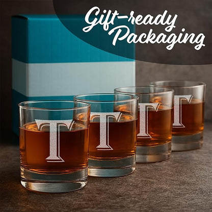 (T-Monogram)- 4 Piece Set of 11 Ounce Engraved Heavy Base Rocks Glasses Elegant Glass-Multi-Purpose Beverage-Rocks Glass- Gift for any Occasion- By: On The Rox