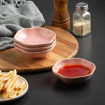 4.4Oz Kiln-Changed Dipping Bowls, 4.3 Inches Ceramic Flower-Shaped Soy Sauce Dishes, Small Appetizer/Side Plates Set of 4 (pink)