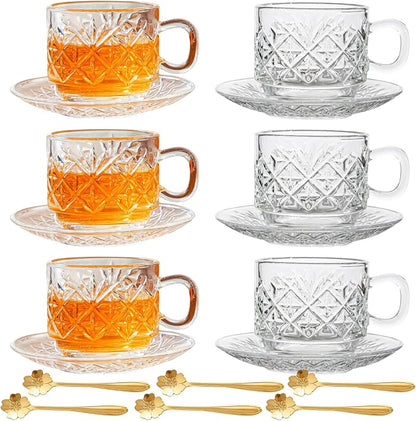 Atarvana 6 Pack Glass Tea Cups and Saucers Set by Atarvana
