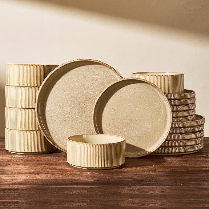 Dinnerware Set for 6, Ceramic Ribbed Plates, Dishes | 18-Piece Stoneware Dinner by FamiwarePremium