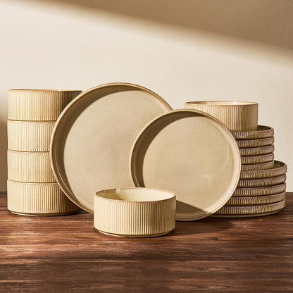 Dinnerware Set for 6, Ceramic Ribbed Plates, Dishes | 18-Piece Stoneware Dinner by FamiwarePremium