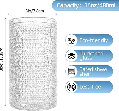 16oz Hobnail Drinking Glasses Set of 6, Vintage Large Capacity Embossed Clear Tumblers, Highball Glasses for Water, Cocktail, Beer, Whiskey, Juice & Bar Use