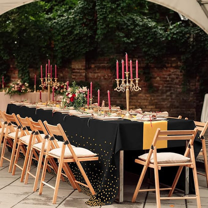 24Pack Disposable Plastic Tablecloths and Satin Table Runner Set Black Gold Dot - Image 6