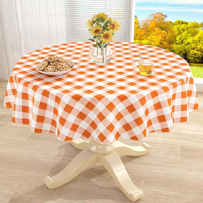 misaya Round Waterproof Vinyl Table Cloth, Buffalo Flannel Backed Tablecloth, Wipeable Plastic Table Cover for Dinner, Kitchen, Picnic (60", Orange and White)