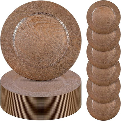 Mifoci 50 Pcs Faux Wooden Charger Plates 13 Inch Round Rustic Plastic Plates Antique Design Bulk Decorative Chargers for Dinner Tray for Wedding Dinner Table Farmhouse Party Event(Brown)