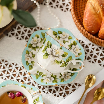 TATSUMI Country Roses Bone China Tea Cup and Saucer Set, 6 Pieces, Vintage Style - Image 6