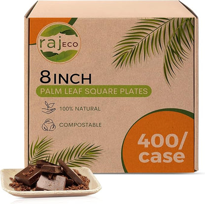 Raj Palm Leaf Plates [50-Pack] 8" Square Plates(8 CASES - 400 PACK) like Bamboo plates Disposable, Strong, Decorative Compostable Tableware for weddings, Lunch, Dinner, Birthday, Camping