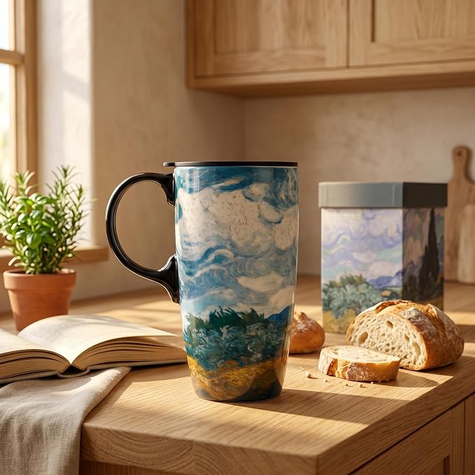Topadorn 17oz Van Gogh Wheat Field Ceramic Travel Mug - Image 8