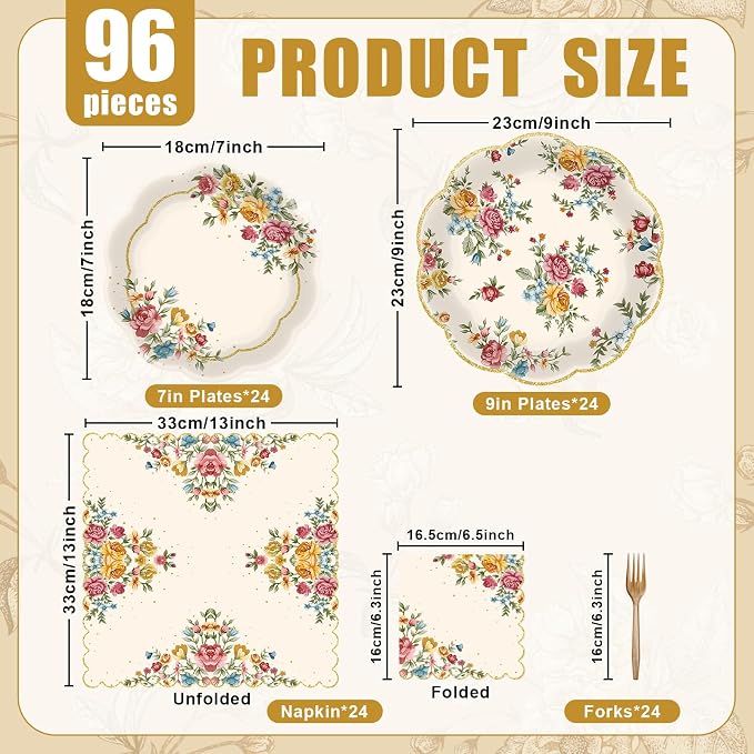 96 Pieces Vintage Floral Tableware Set – Disposable Paper Plates, and Forks - Image 2