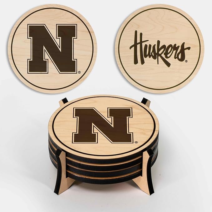 LazerEdge Nebraska Huskers Wooden Coaster Set - Maple Wood - Officially Licensed Product - 4-Pack