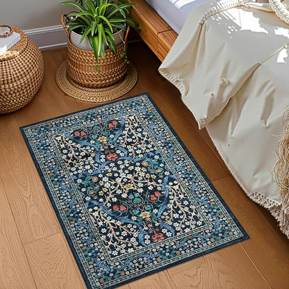 GarveeHome Floral Entryway Rug, 2x3 Washable Front Door Entry Throw Rugs Indoor, Non Slip Bathroom Small Rugs, Boho Thin Rug for Kitchen, Soft Carpet Mat for Bedroom Bathroom, Dark Blue