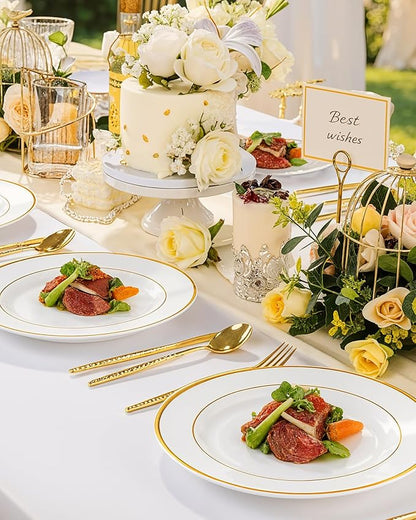 Quatish 120 Pcs Gold Rim Disposable Plastic Plates for Party,Wedding Plate Includes 60 Pes 10.25 Inch 60 Pes 7.5 Inch Heavy Duty Dinner & Dessert Plates, Perfect for Festivals,Picnics,in White