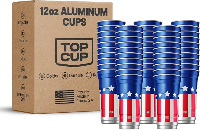 Top Cup Americana Cup | 12 oz Reusable Aluminum Party Cups 50 Count | Durable by TopCup