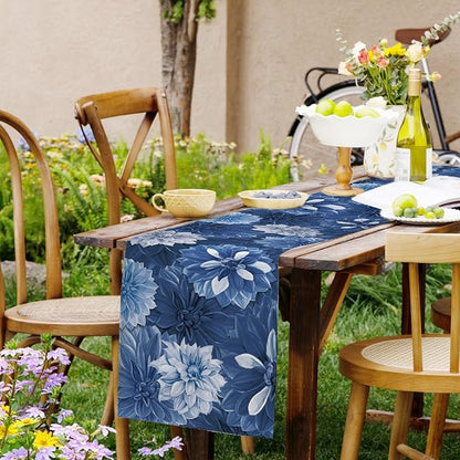 Navy Blue Dahlia Flower Summer Table Runner Blue Gray Burlap Table Runners - Image 9