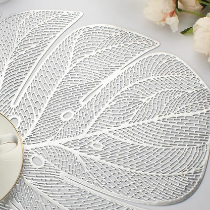 Evevda Silver Leaf Shaped Vinyl Placemats for Dinner Table Set of 6 Metallic Plastic Place Mats Wipeable 6Pcs Table Mats for Wedding Annersary Dinner Table Decoration Mats(17.7x13.8inch/45x35cm)