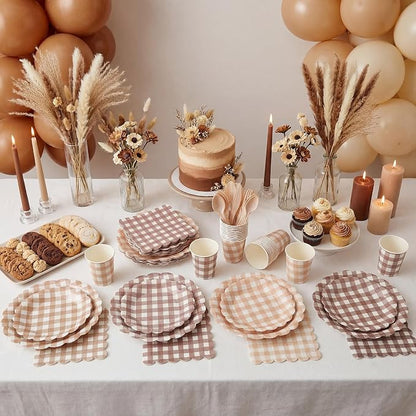 Yaomiao 168 Pcs Gingham Plates and Napkins Beige Plaid Disposable Dinnerware - Image 4