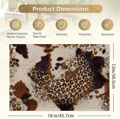 Cowhide with Glitter Leopard Print Place Mats Set of 6, Table Mats,Heat Insulation Non Slip Washable Dining Placemats for Wedding Holiday Party Kitchen Decor 12X18 in