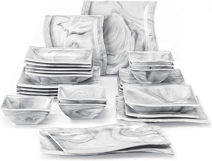 MALACASA Square Dinnerware Sets, 26-Piece Marble Grey Plates and Bowls Sets, Porcelain Dinner Set Microwave Safe, Kitchen Dinnerware Plates Set, Dishes and Bowls, Service for 6, Series Flora