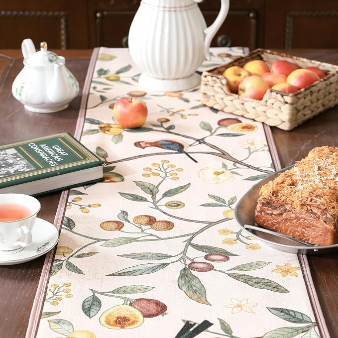 bilin gaier Designer Vintage Linen Small Table Runner, Floral Fruit Pattern - Image 6