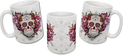 Sweet Gisele Sugar Skull Ceramic Mug, Floral Print Coffee Cup, Day of the Dead Design, Beautiful Colors, Great Novelty Gifts 15 Fl Oz White