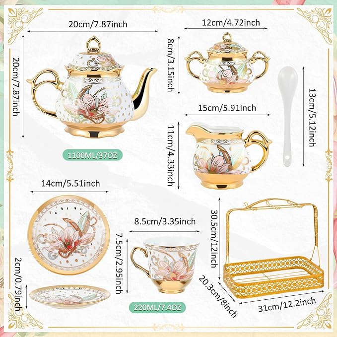 22 Pcs Porcelain Tea Set with Metal Holder, Vintage European Floral Tea Set - Image 2