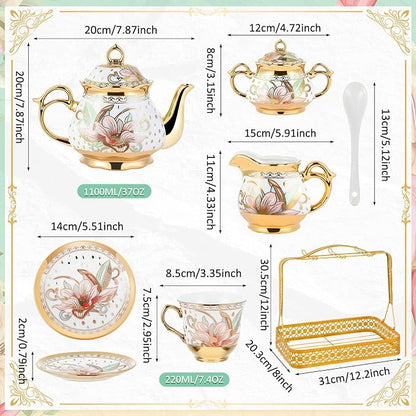 22 Pcs Porcelain Tea Set with Metal Holder, Vintage European Floral Tea Set - Image 2