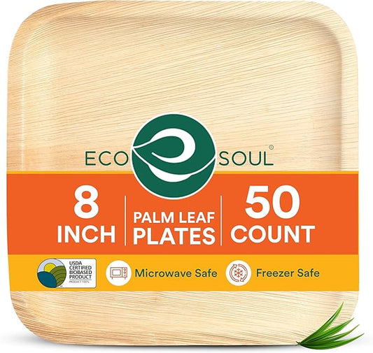 ECO SOUL Palm Leaf Plates 8"(50 Count) Square Compostable Bamboo Plates Heavy- Duty, Biodegradable Eco-Friendly Dinnerware for Party Dinner, Wedding, Holiday & Event