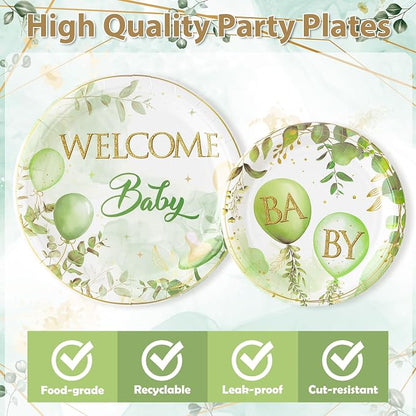 96Pcs Welcome Baby Greenery Baby Shower Sage Green Balloon Party Plates - Image 3