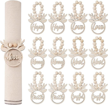 Christmas Napkin Rings Set of 12, Christmas Wooden Reindeer Napkin Rings for Winter Table Decorations, Wooden Farmhouse Napkins Holder for Xmas Holiday Wedding Party Home Ornaments