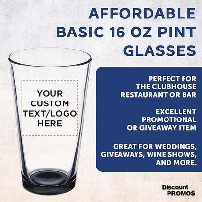 DISCOUNT PROMOS Custom Beer Pint Glasses 16 oz. Set of 10/50/100, Personalized Bulk Pack - Heavy Duty Glassware for Restaurant, Thick Base and Walls, Stackable - Black