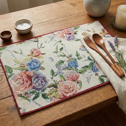 DaDa Bedding Vintage Romantic Roses Floral Dining Table Placemats - Set of 4-Pieces Tapestry Lovely Valentine Blossoms Spring Summer Garden - Decorative Linen Woven Kitchen Mats - 13” x 19” (879)