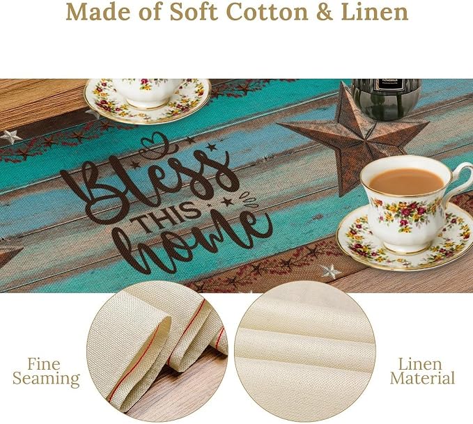 Western Texas Table Runner, Rustic Farmhouse Barn Texas Star Teal Wooden Plank - Image 6