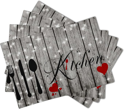 Farmhouse Kitchen Table Placemats - Rustic Place Mats Set of 4 Heart Wood Table Mats 12x18 for Party Kitchen Dining Grey