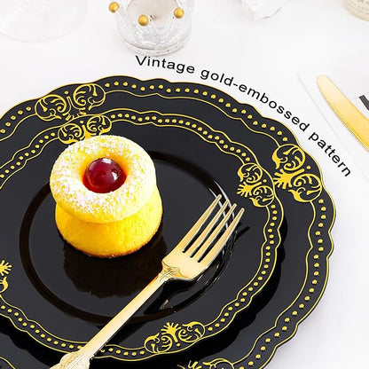 Ciaell 175 PCS Black and Gold Plastic Plates - Black Disposable Dinnerware Set with 50 Plates, 25 Knives, 25 Forks, 25 Spoons, 25 Cups, 25 Napkins for Parties and Weddings