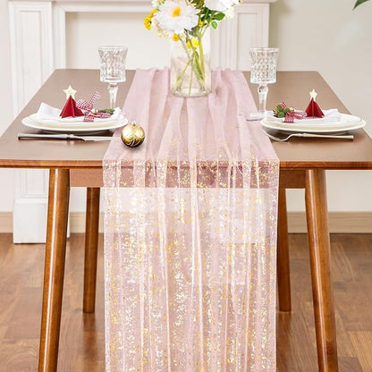 SiinvdaBZX Light Pink Sheer Tulle Table Runner 120 Inch/10 Ft Long | Gauze - Image 3