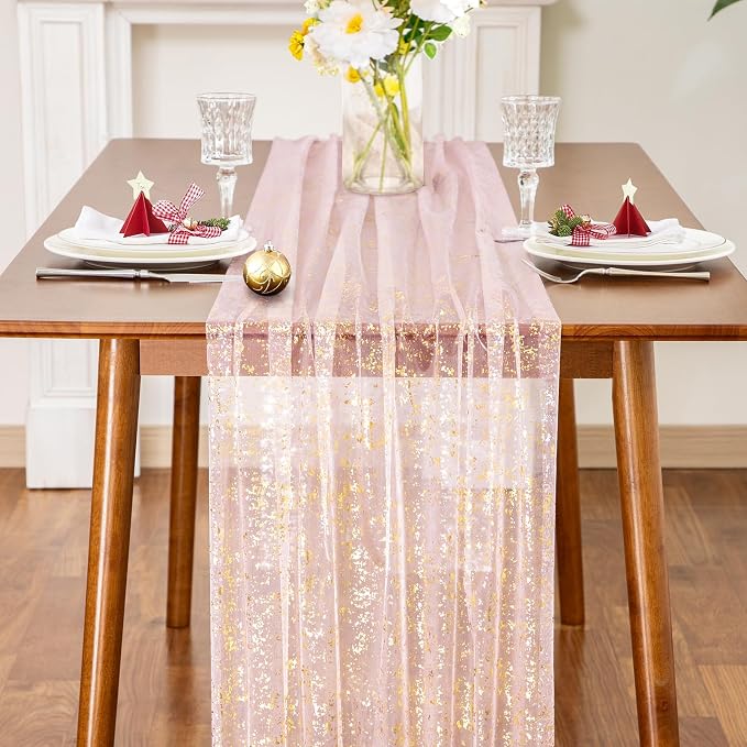 SiinvdaBZX 4 Pcs Light Pink Sheer Tulle Table Runner 120 Inch/10 Ft Long | - Image 3