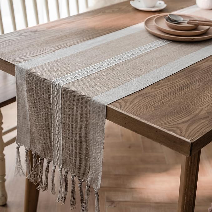 Farmhouse Table Runner, Embroidered Striped Braided Coffee Boho Table Runner - Image 6