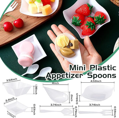 Tessco 800 Pcs Mini Appetizer Plates Set Including 400 Disposable Dessert Plates Assorted Shape 200 Mini Plastic Forks 200 Plastic Spoons for Party(White,Classic)