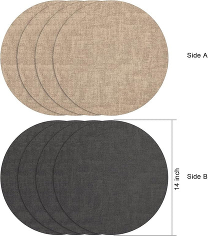 Myir JUN Round Placemats Dual Sided, Faux Leather Place Mats Set of 4 Indoor Placemat for Dining Table Outdoor Place Mat Non-Slip Washable Table Mats (Gray Beige, Set of 4)