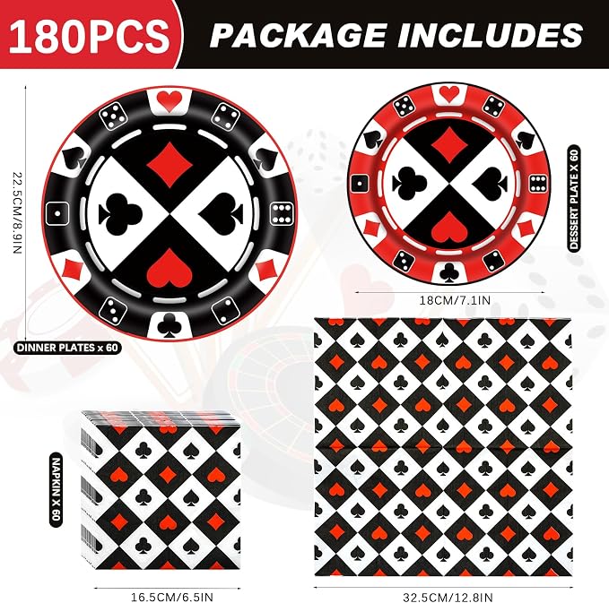 180PCS Casino Paper Plates and Napkins Party Supplies Serve 60 | Disposable - Image 2