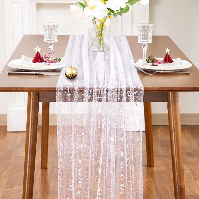 SiinvdaBZX 4 Pcs White Silver Sheer Tulle Table Runner 120 Inch/10 Ft Long | - Image 3